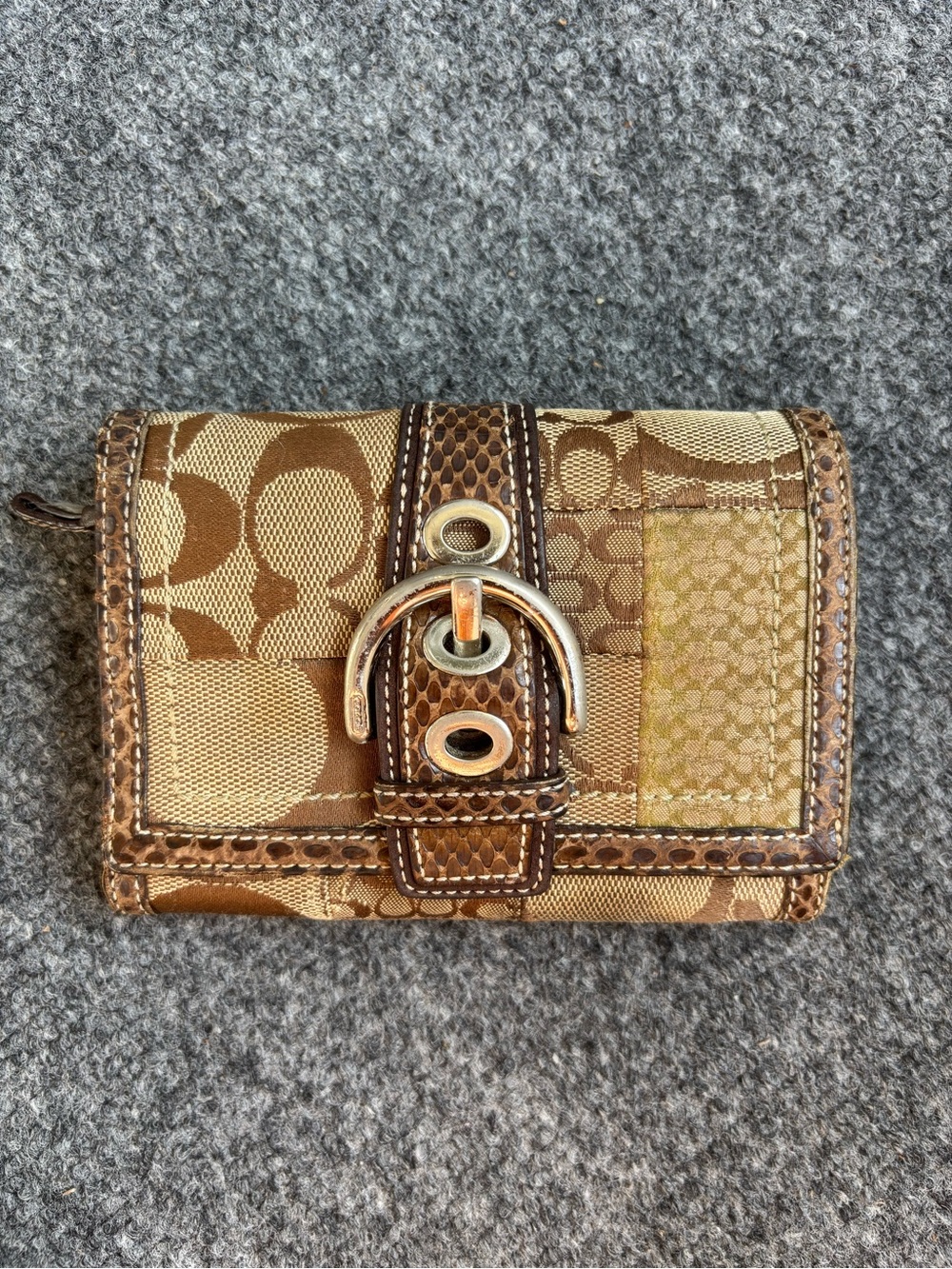 Coach Brown Patchwork Signature Wallet with Buckle Hardware